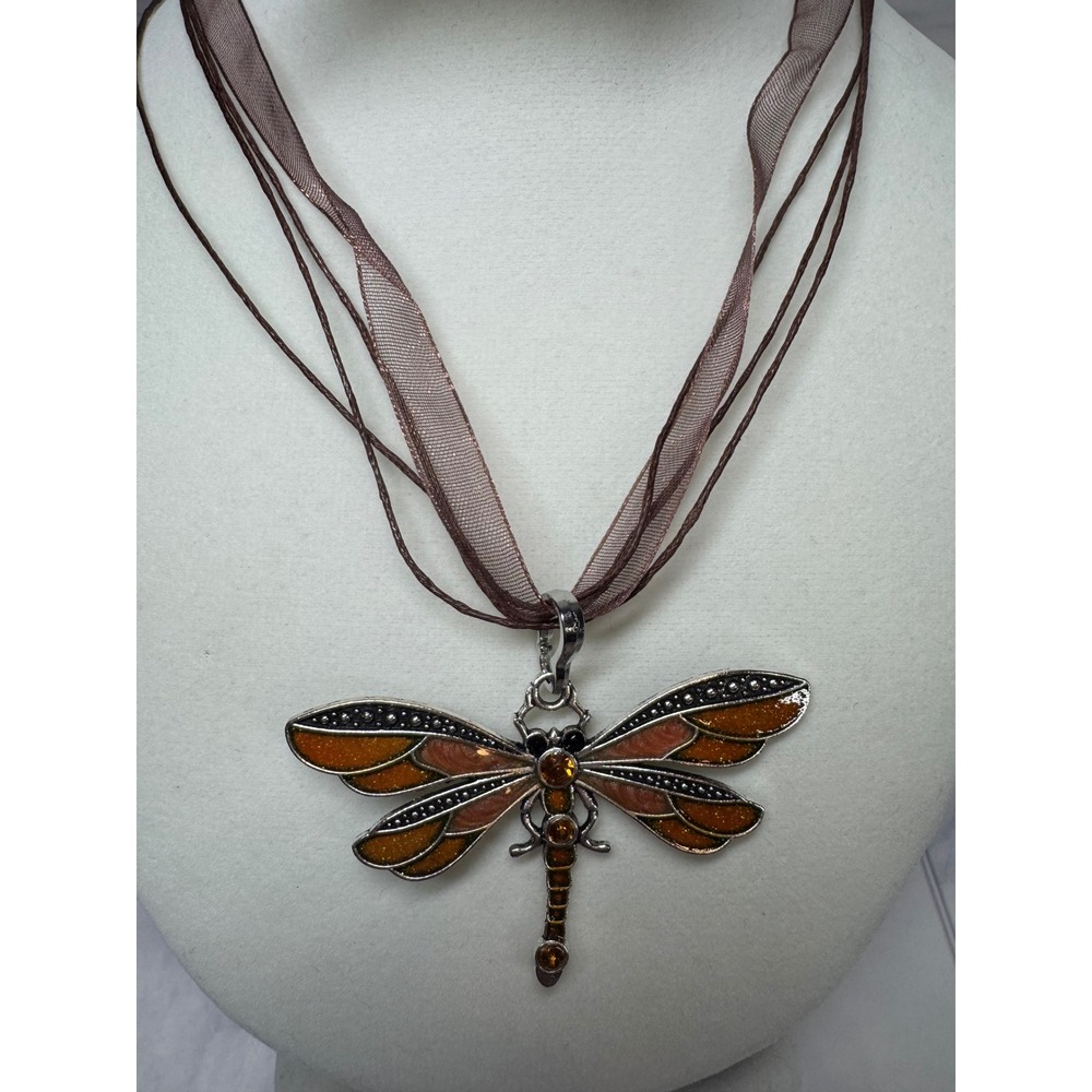 Yiwu Brown Orange Enamel Dragonfly Pendant Necklace Ribbon Cord Rhinestone NEW